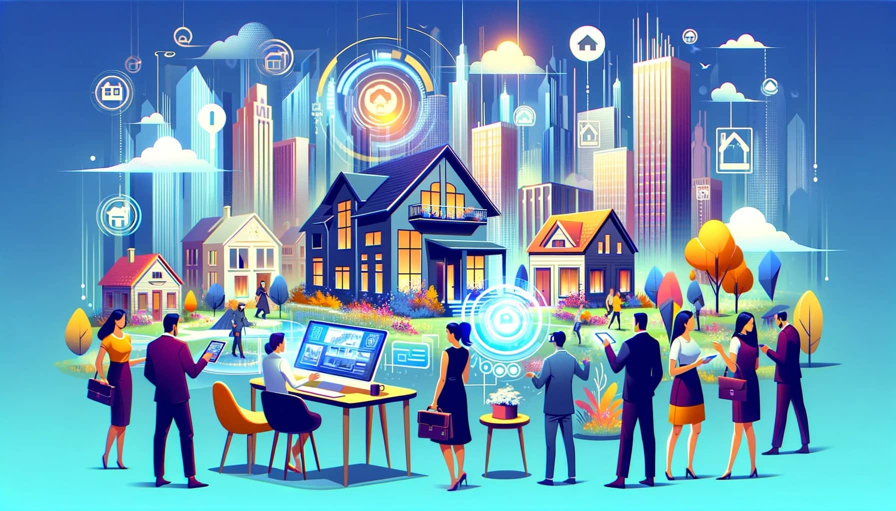 Futuristic cityscape with a real estate agent using advanced technology and diverse group of clients, symbolizing 2024 real estate marketing trends.