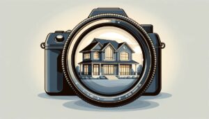 Luxurious home for sale through the viewport of a camera, symbolizing property marketing for real estate realtor agents