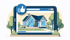 Illustration of a social media advertising for real estate agents post with a home for sale and ‘like’ button