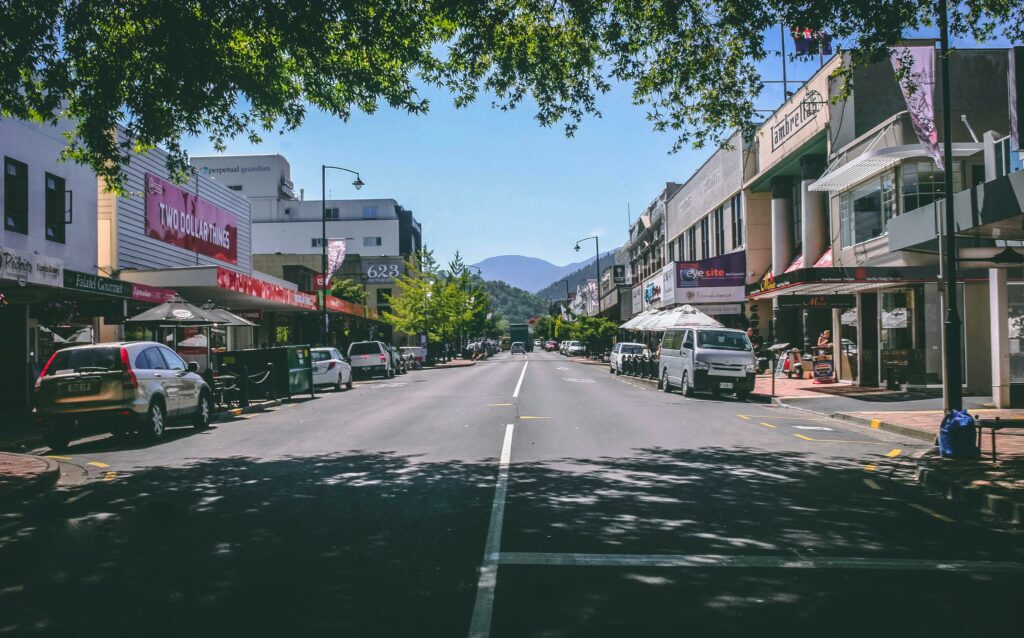 Main street of a charming small town lined with various local businesses