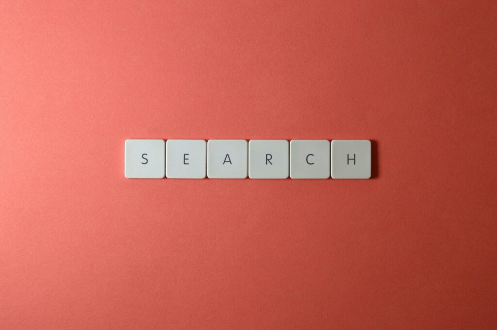 Wooden letter blocks spelling out the word "search" on a white background